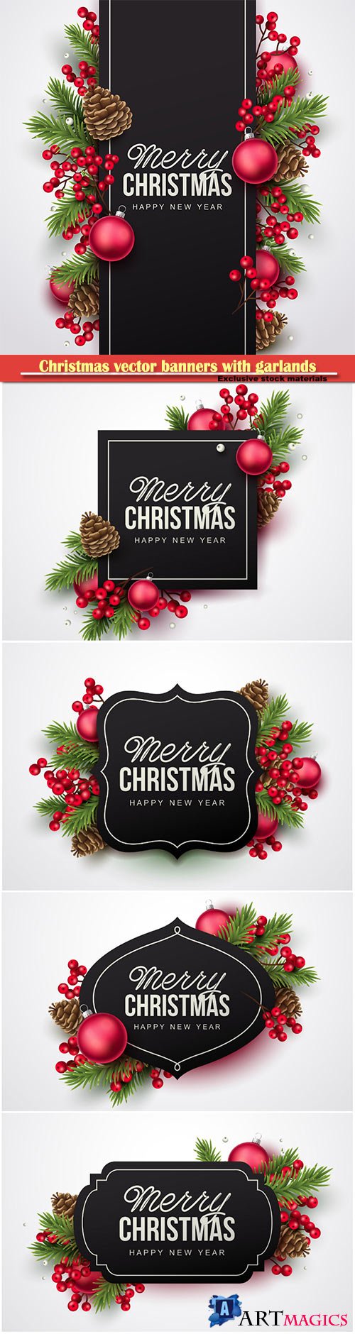 Christmas vector banners with garlands of Christmas trees of cones and balls