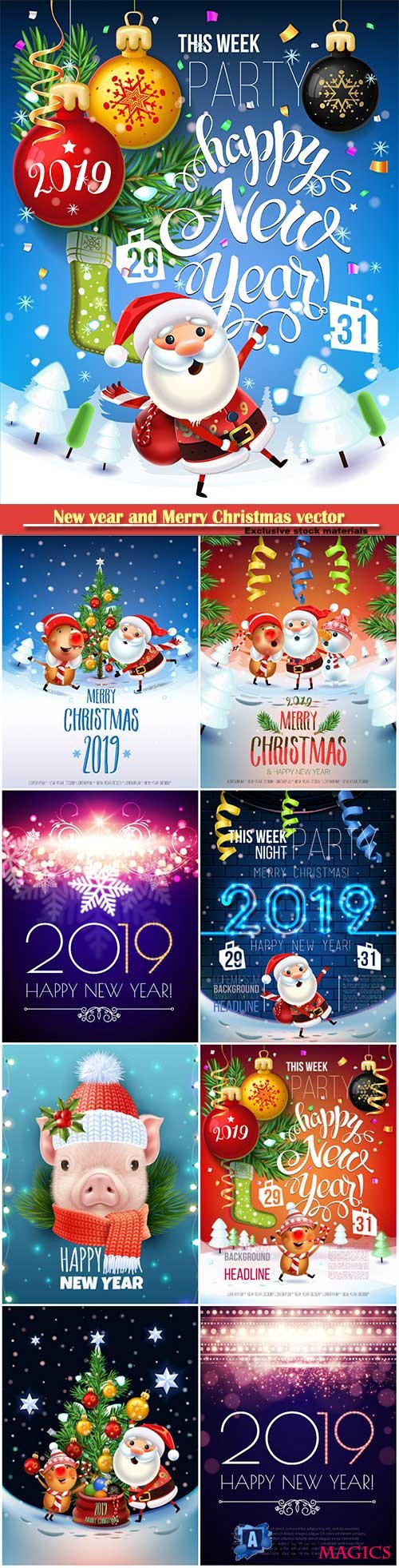 2019 New year and Merry Christmas poster card, Santa Claus, pig decorate the Christmas tree