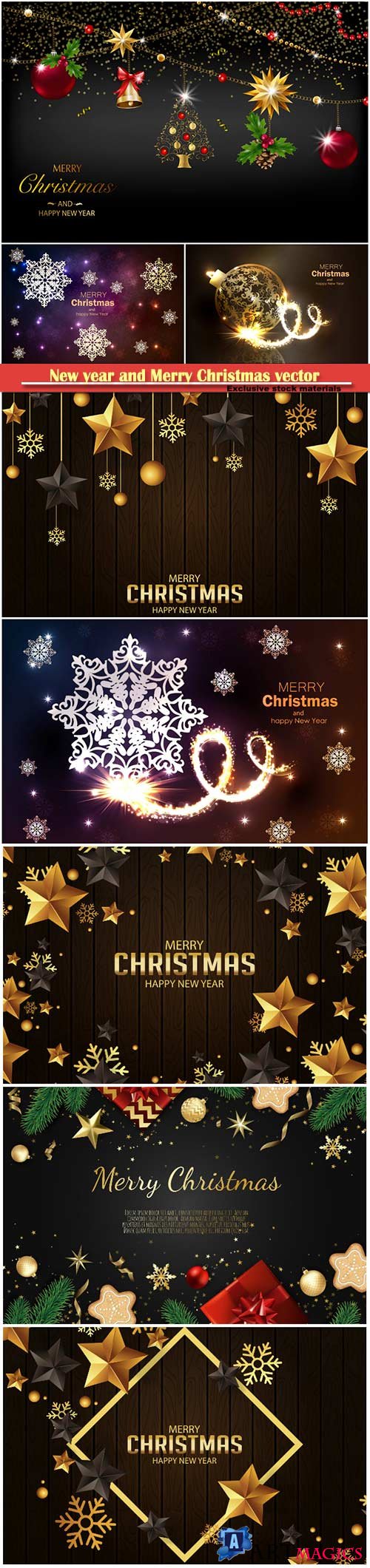 Vector Christmas decorate cards, tree branches, gold stars, christmas balls