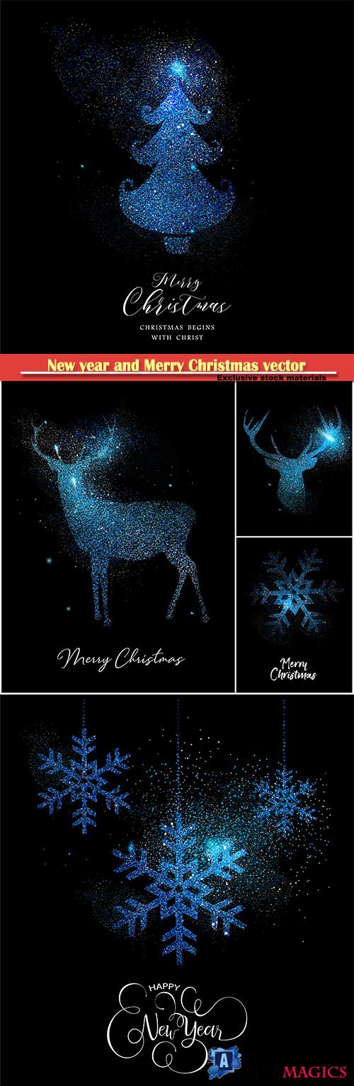 Merry Christmas blue glitter pine tree, reindeer, vector card