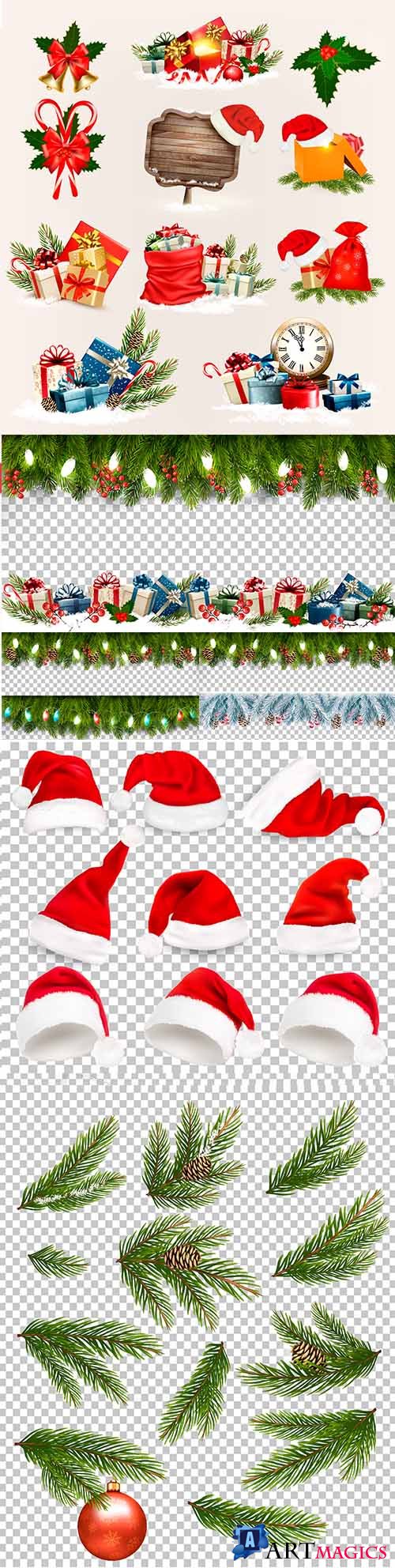 Vector set of Christmas icons and objects, boards with branches of tree