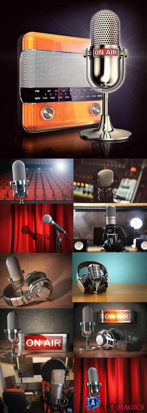Microphone and earphones radio studio professional equipment