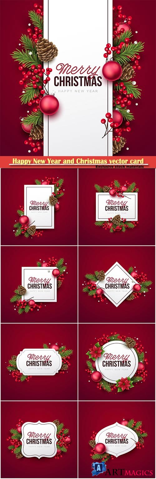 Happy New Year and Christmas greeting vector card