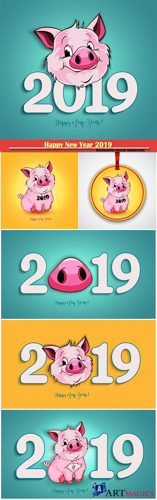 Happy New Year 2019 funny card design with cartoon pigs