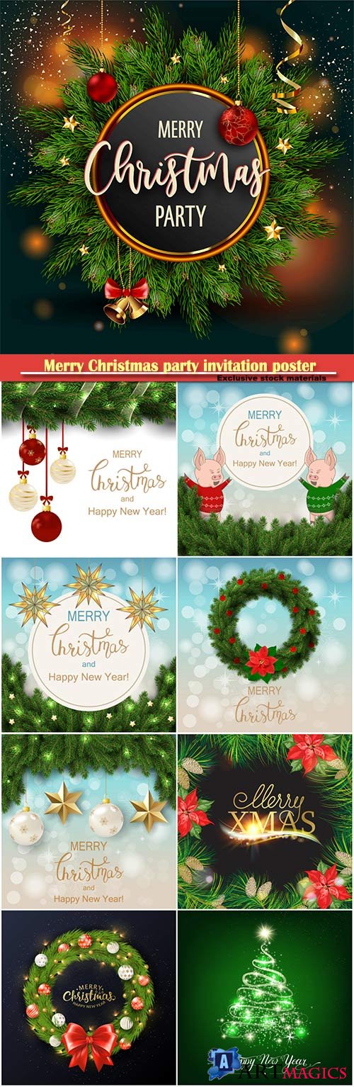 Merry Christmas party invitation poster with fir tree and decorative elements