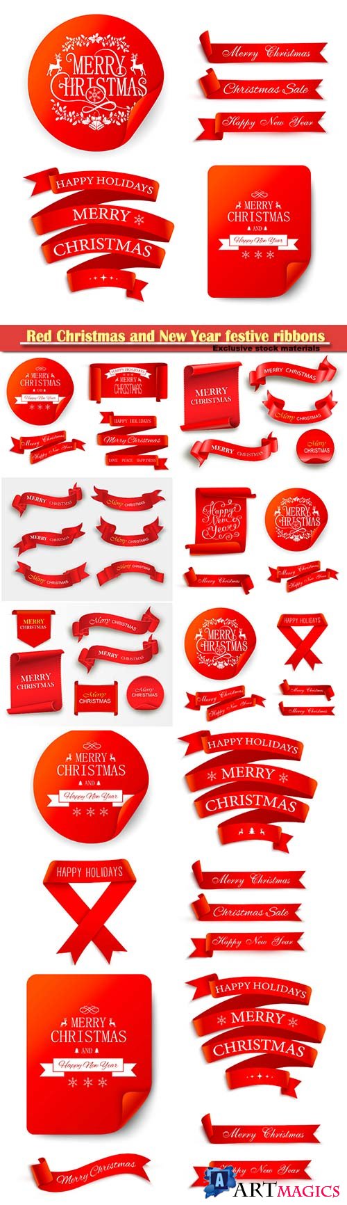 Red Christmas and New Year festive ribbons and vector stickers
