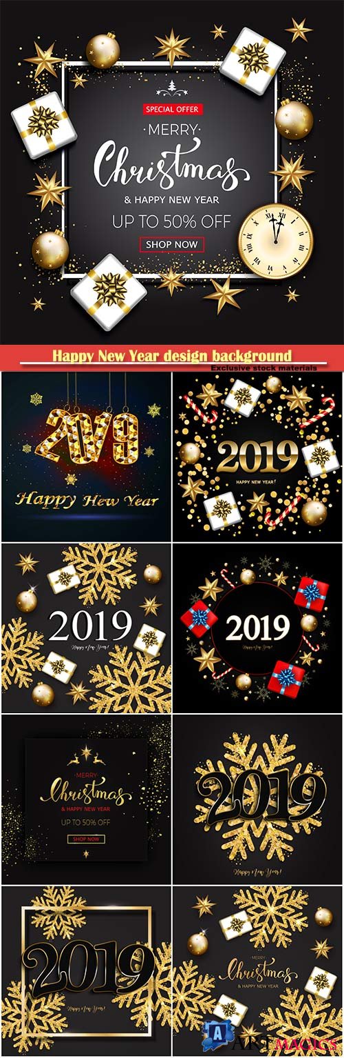 Happy new year design background with 2019, vector shining gold snowflakes