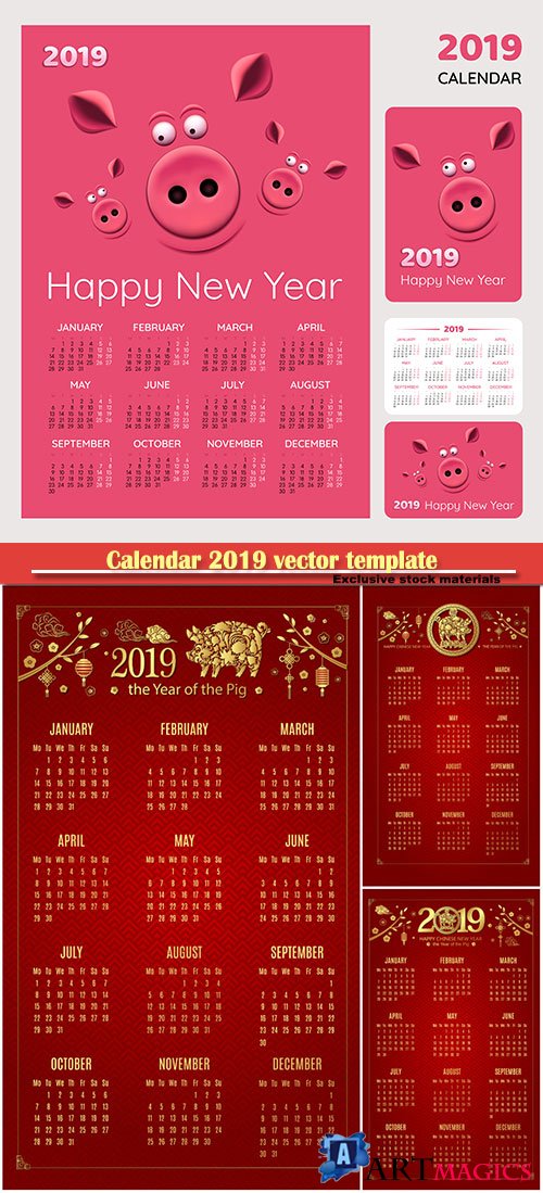 Calendar 2019 vector template, 12 months included # 2
