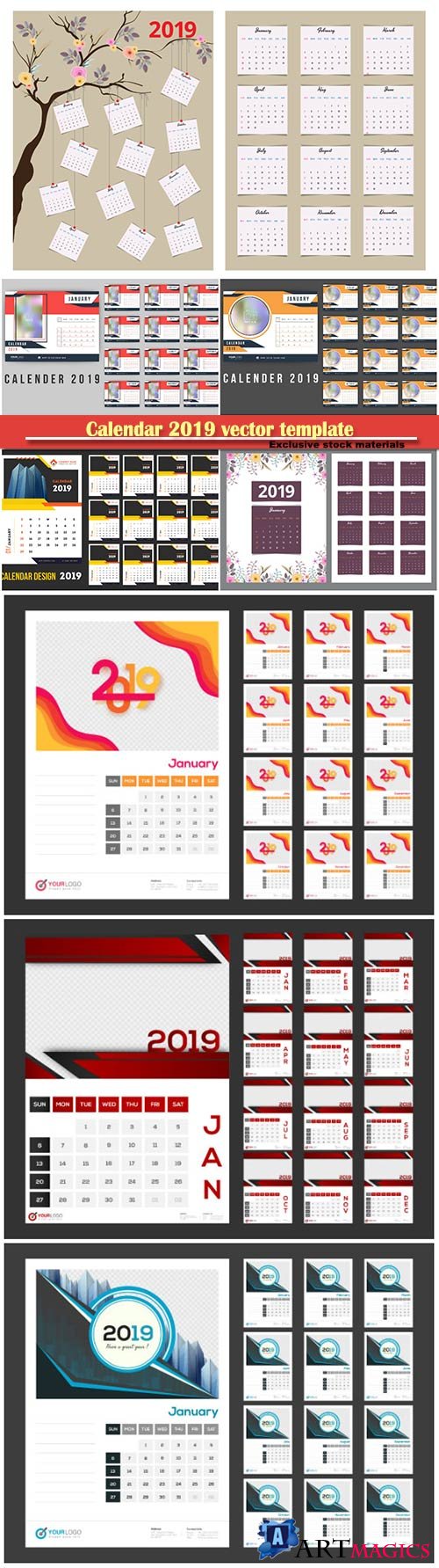 Calendar 2019 vector template, 12 months included # 4