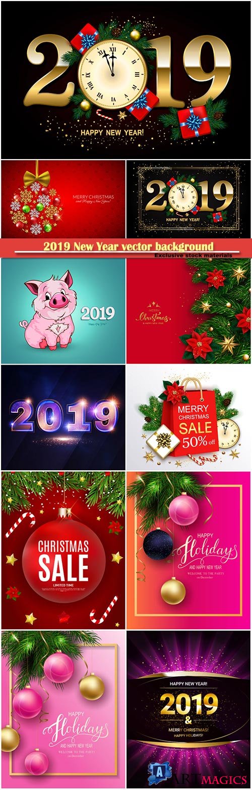 2019 New Year vector background with clock, gift box, candy cane, gold stars