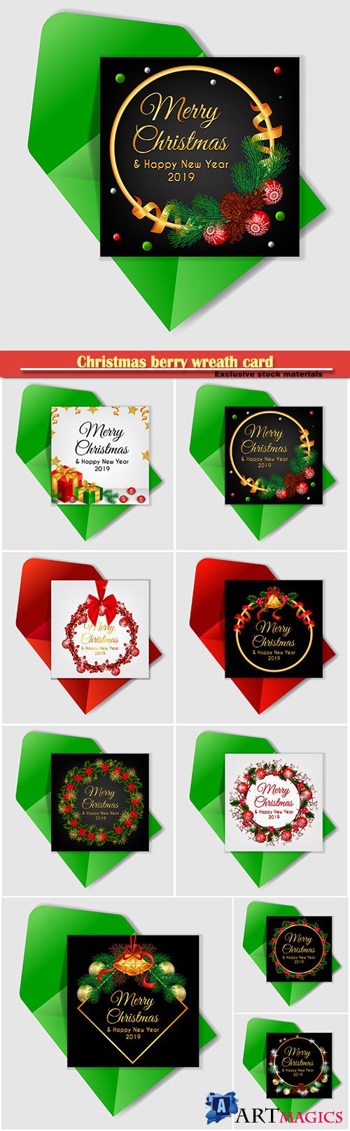 Christmas berry wreath card with jingle bell and red ribbon