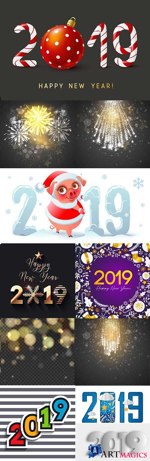 2019 New Year inscriptions decorative and firework effect