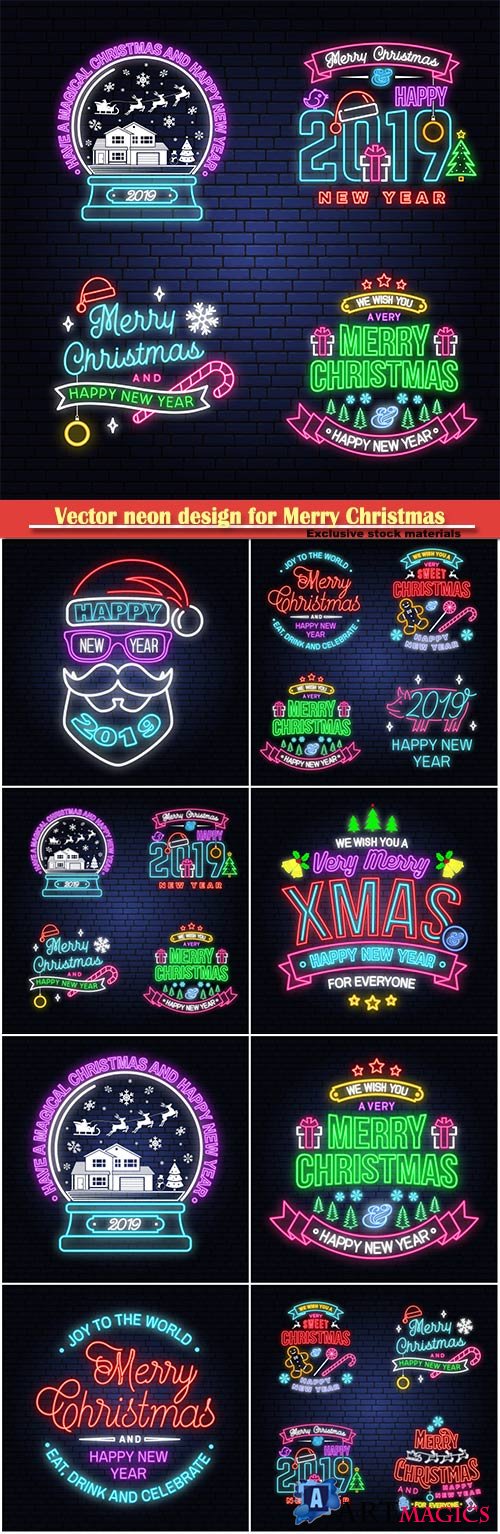 Vector neon design for Merry Christmas and Happy New Year