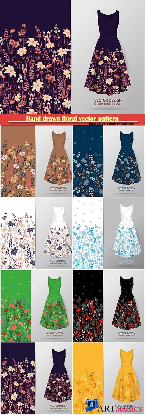 Hand drawn floral vector pattern on dress mockup