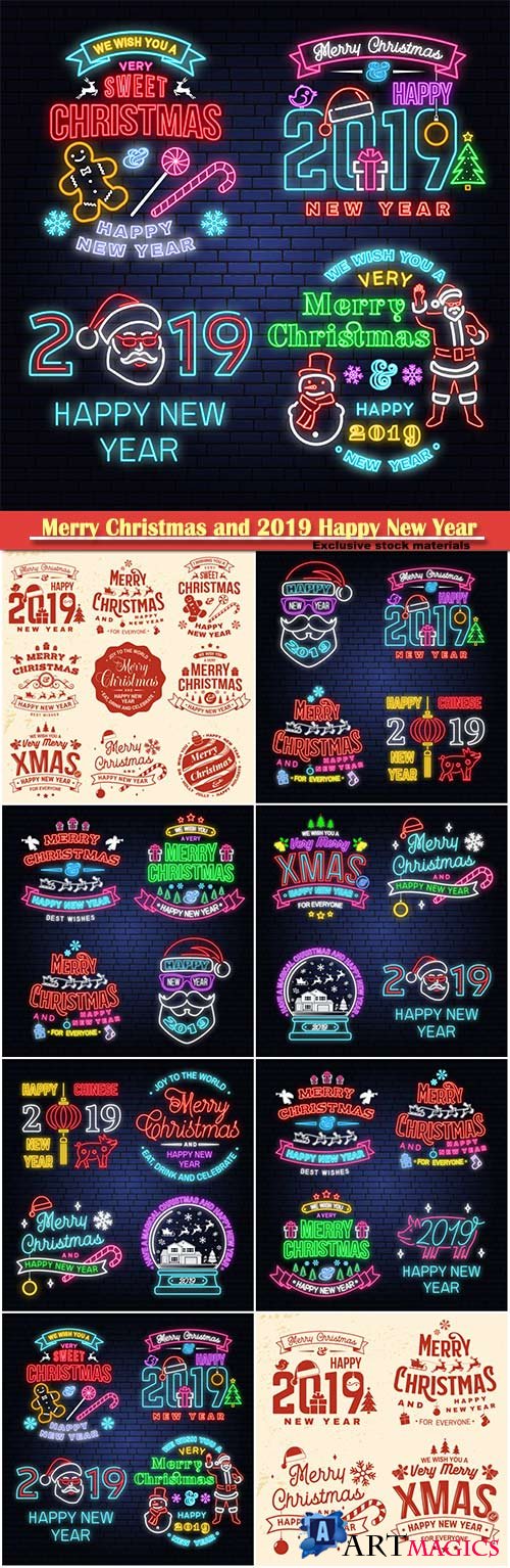 Merry Christmas and 2019 Happy New Year neon sign, sticker set