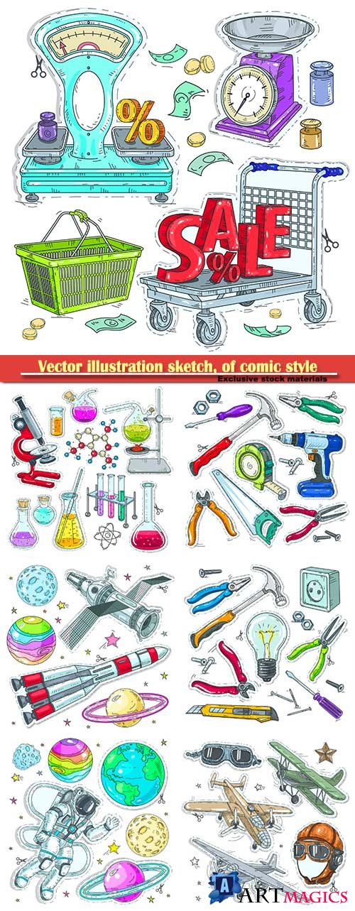 Vector illustration sketch, of comic style colorful icons