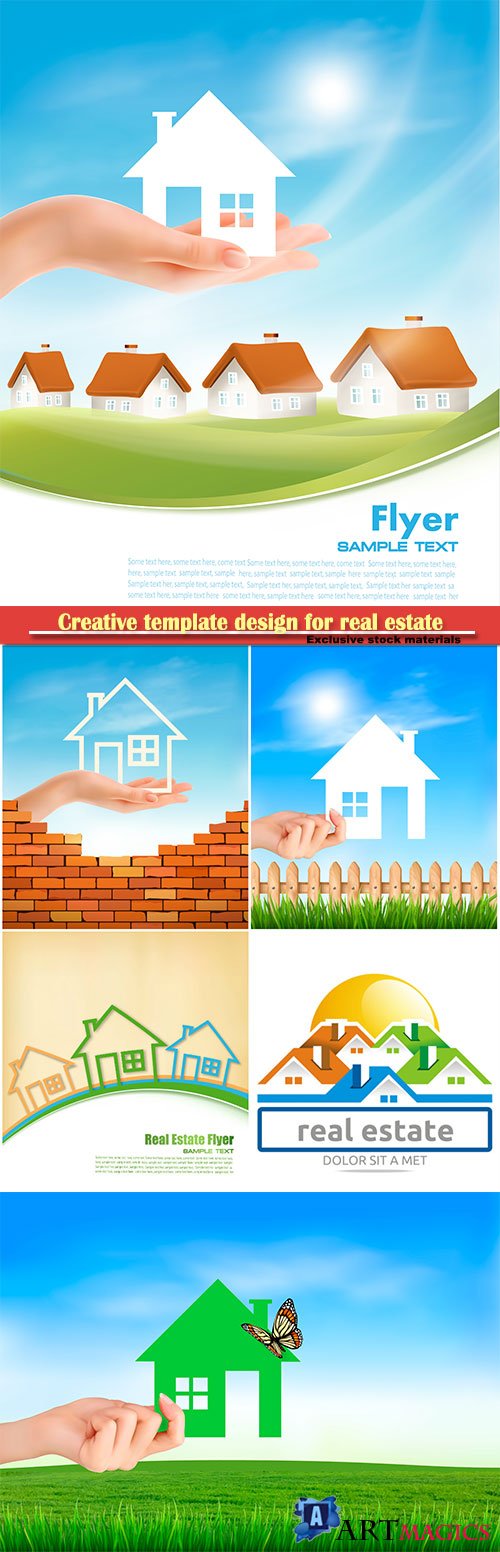 Creative template design for real estate, vector hand holding a paper house