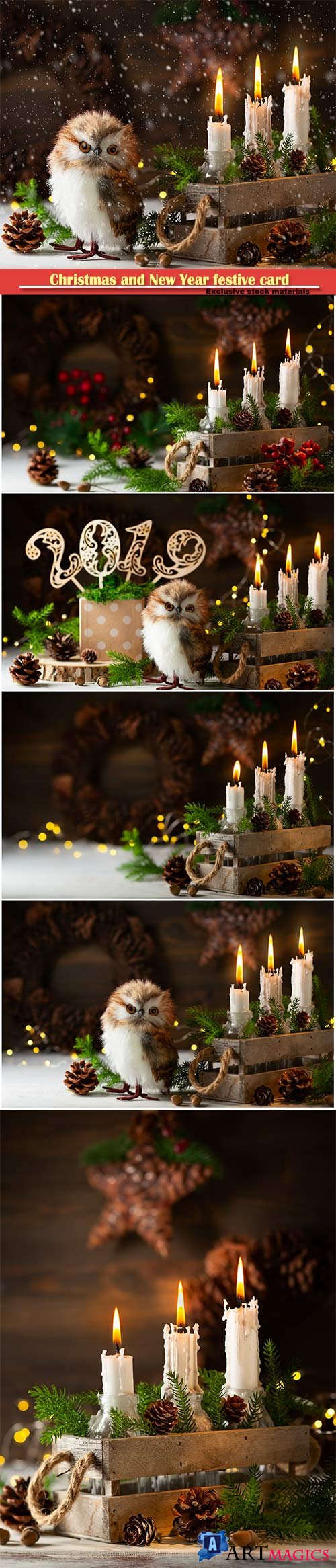 Christmas and New Year festive card, candles, owl, pine cones and fir branches in old box