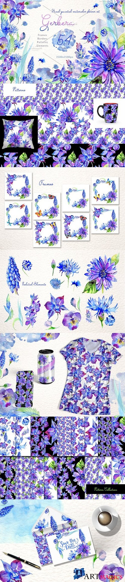 Blue gerbera PNG watercolor flower set -2558943 - 3452142