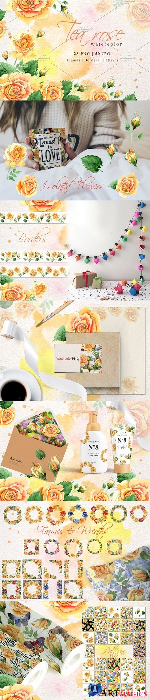 Watercolor tea yellow rose png set - 3065656 - 3499364