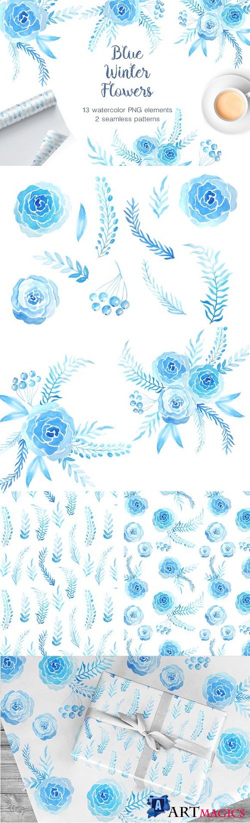 Watercolor Blue Winter Blooms 1268984