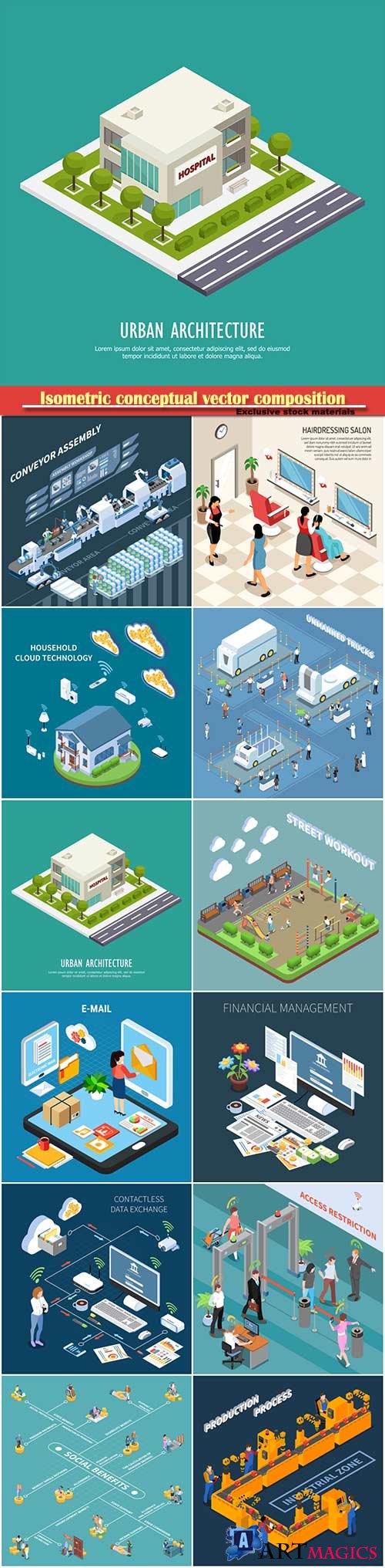 Isometric conceptual vector composition, infographics template # 75