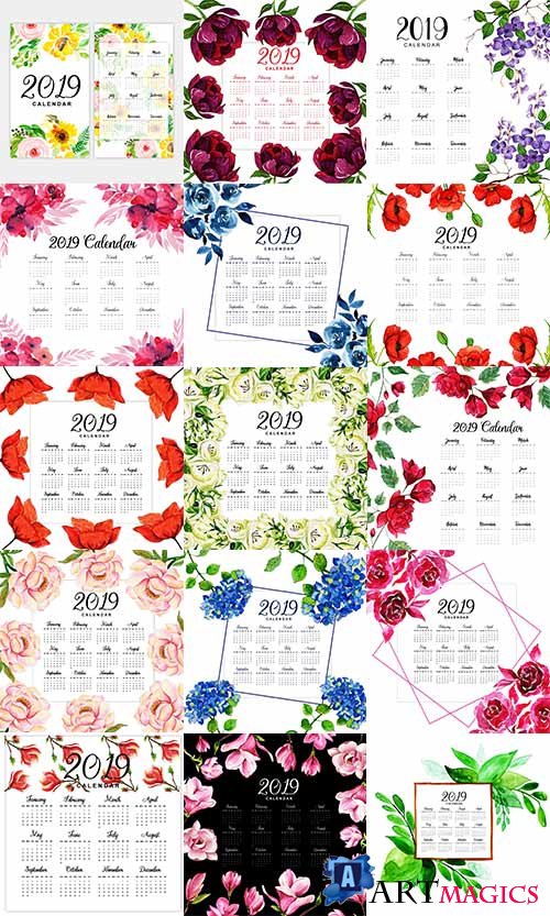    2019   / Calendar with flowers 2019 in vector