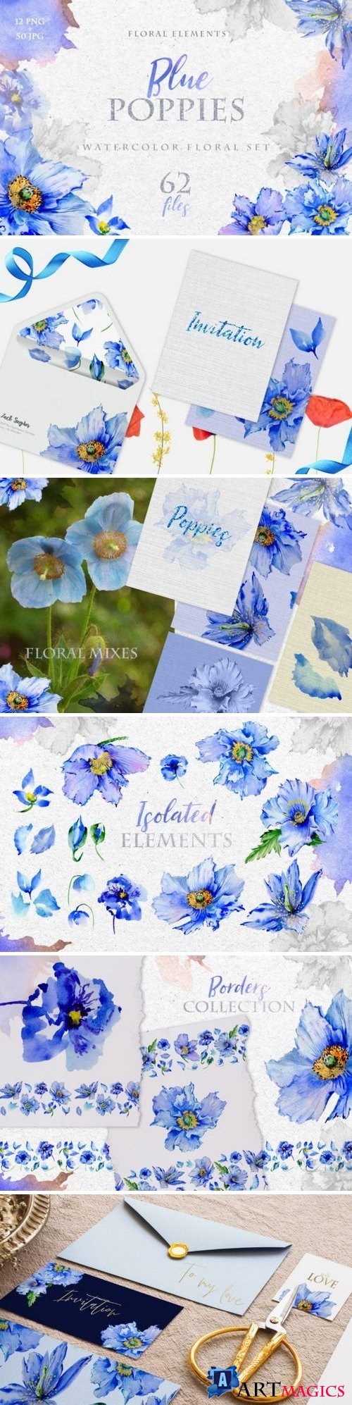 Blue Poppies Watercolor png 3319870