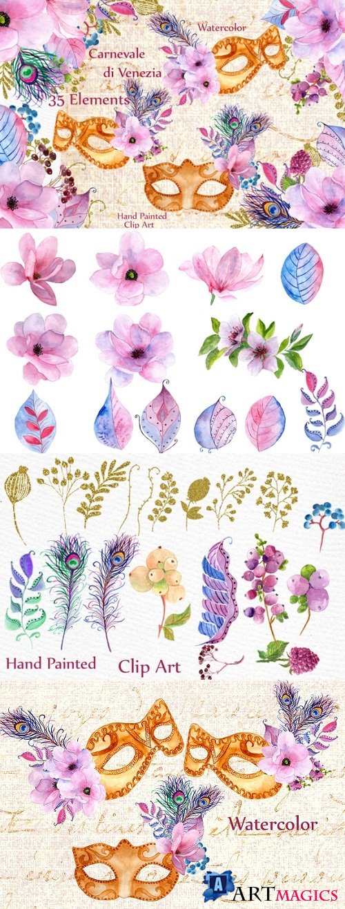 Watercolor masks and flowers clipart 636911