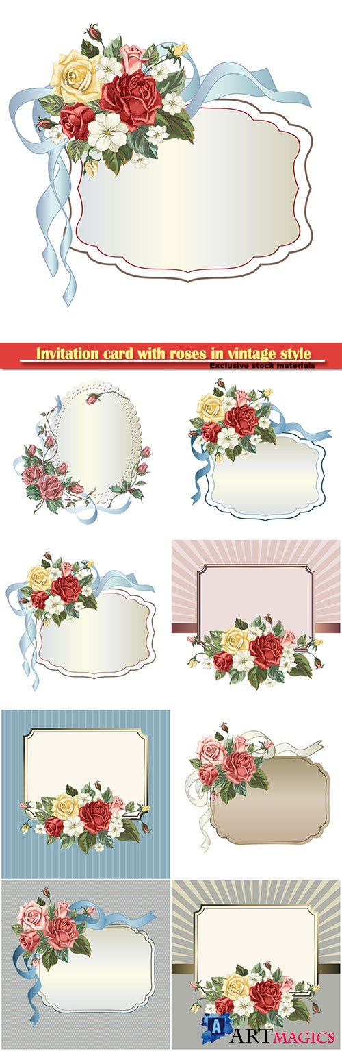 Invitation card with roses in vintage style, vector illustration