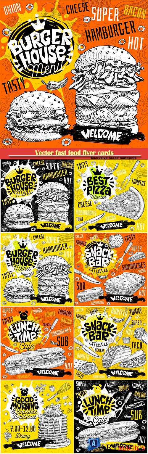Vector fast food flyer cards for bar cafe restaurant menu