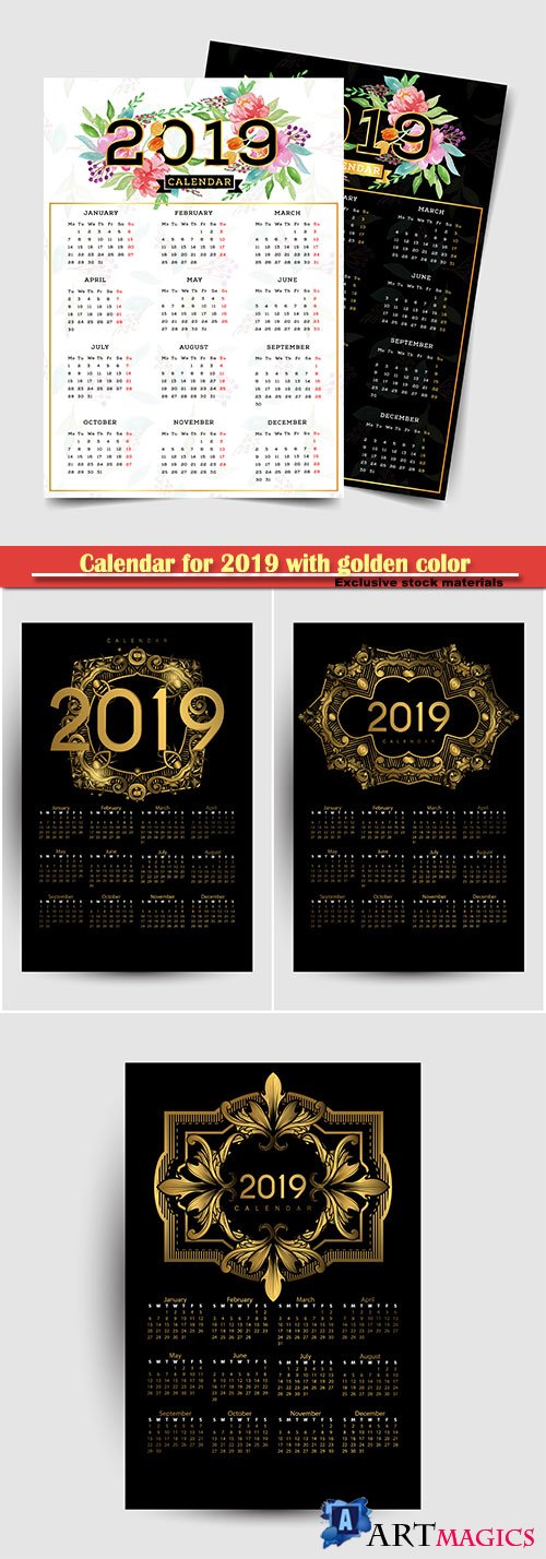 Calendar for 2019 with golden color on dark vector background