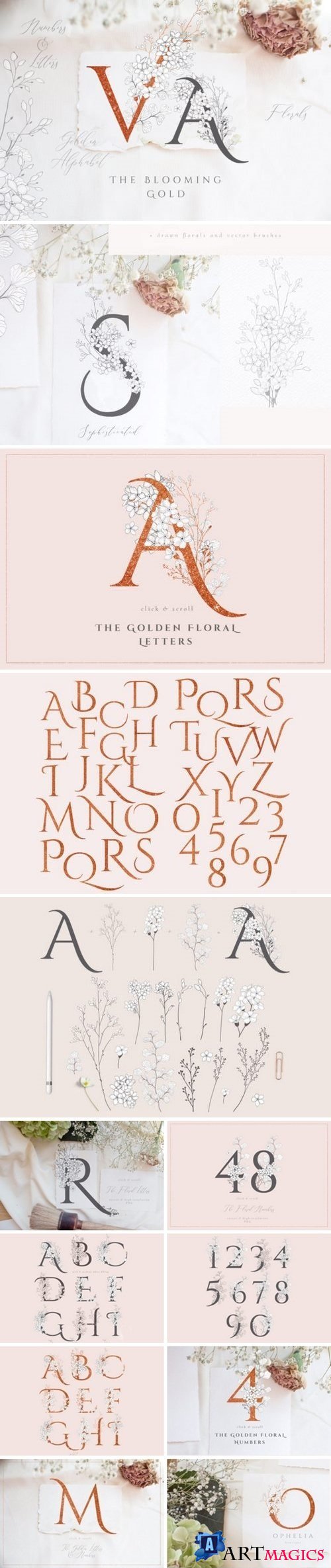 Blooming Gold Floral Letters Numbers - 3363580