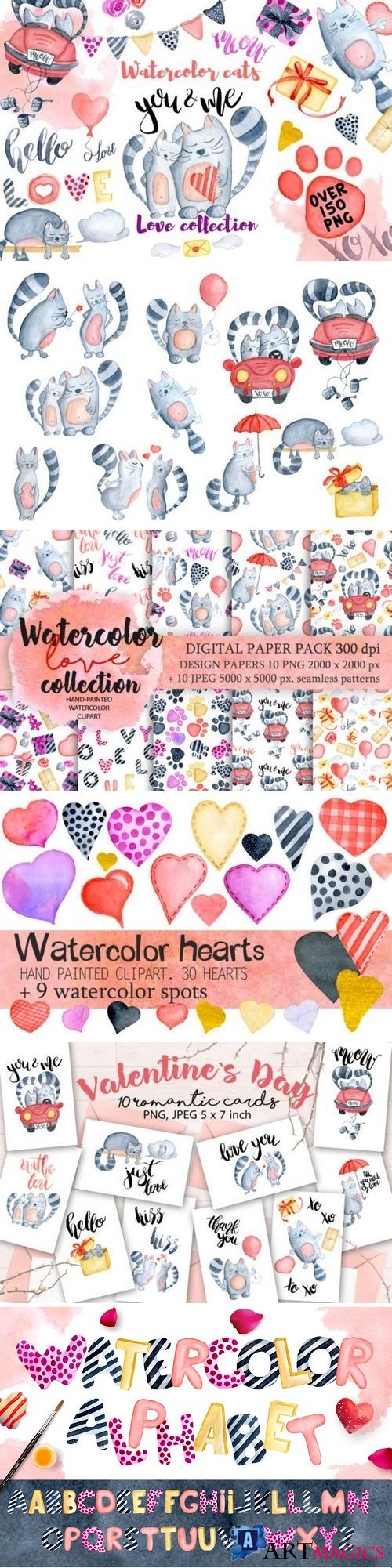 Watercolor Valentines day cats - 1179103