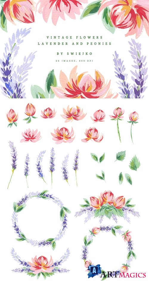 Lavender & Peonies, vintage flowers - 2265202