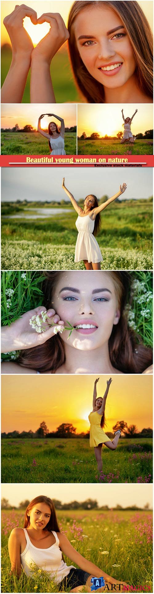 Beautiful young woman on nature over field background