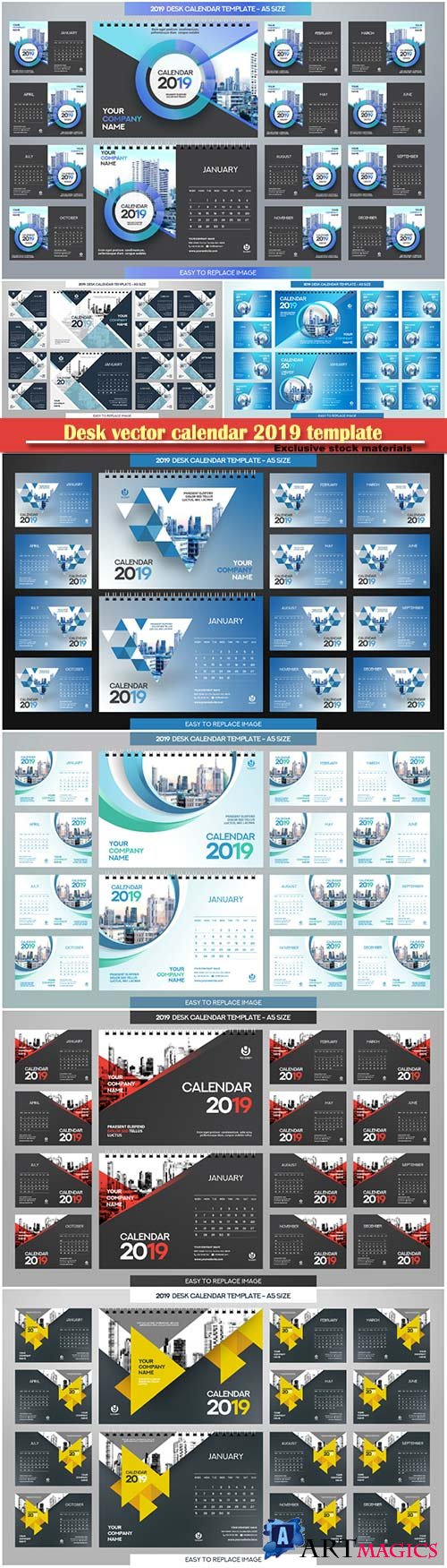 Desk vector calendar 2019 template, 12 months included