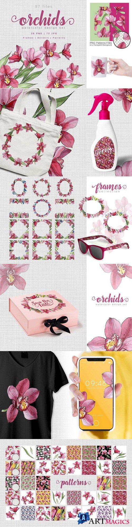 Pink Orchids Watercolor png - 3340213
