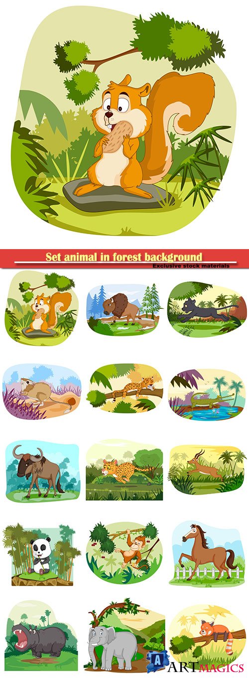 Set animal in forest background in vector