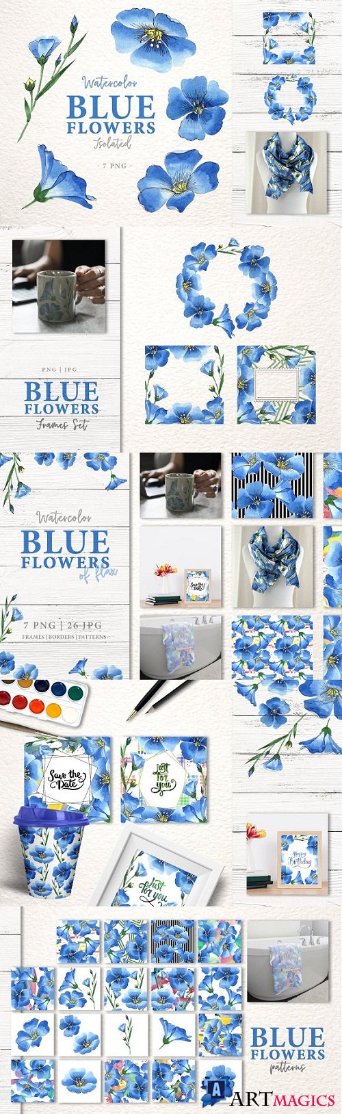 Blue flowers of flax Watercolor png - 3344724