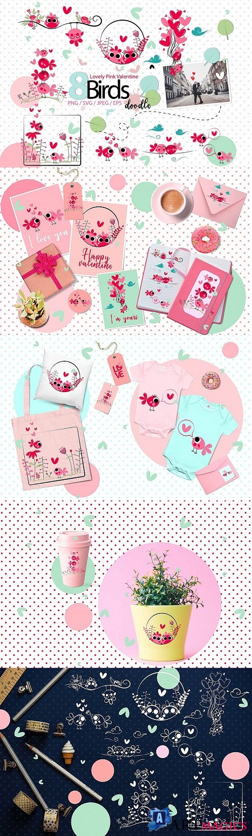 designbundles - Lovely Pink Valentine Doodle birds -199330