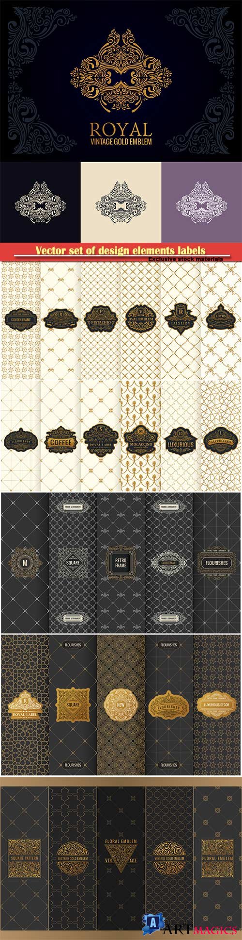 Vector set of design elements labels, icon, logo, frame, luxury packaging