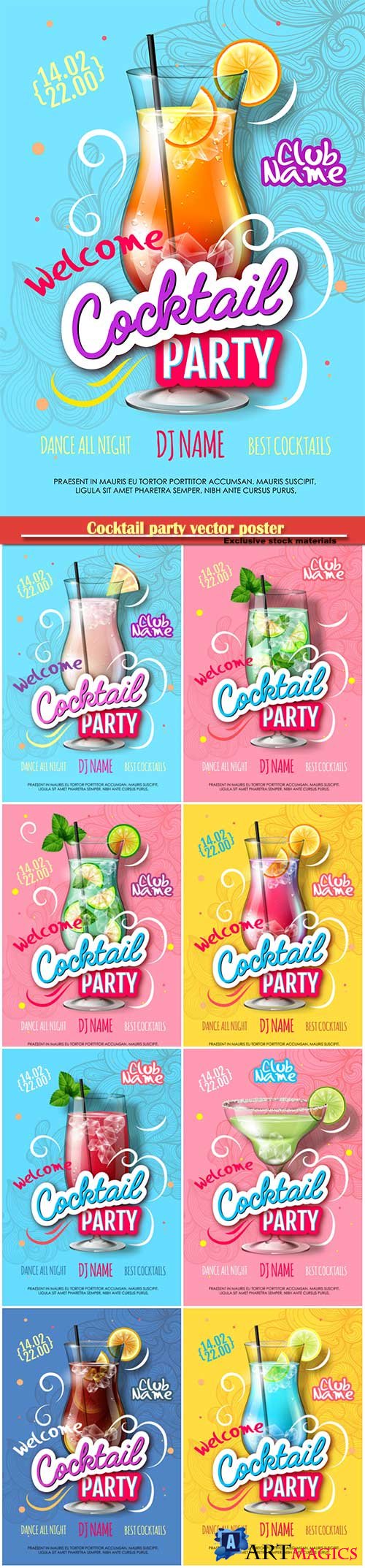 Cocktail party vector poster in modern style, Valentine's Day