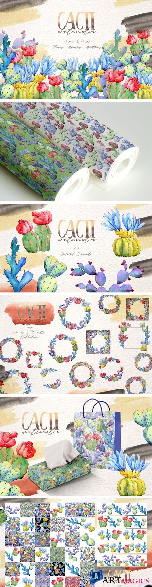 Cool colorful cacti PNG watercolor - 3087941
