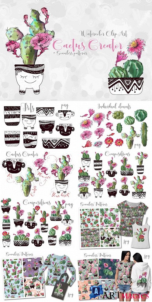 Watercolor Cactus Creator + Pattern - 151499