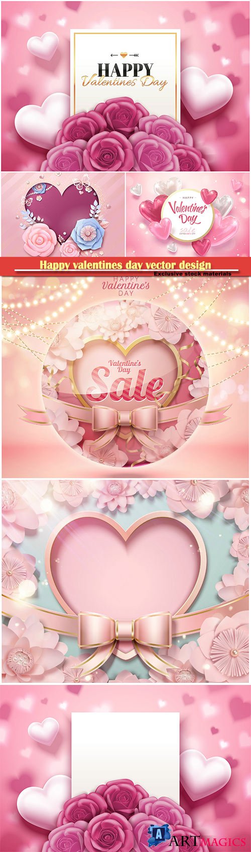 Happy valentines day vector design with heart, balloons, roses in 3d illustration # 9