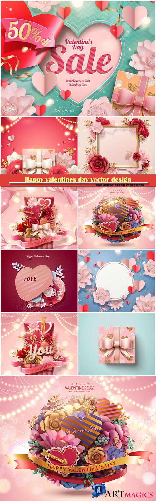 Happy valentines day vector design with heart, balloons, roses in 3d illustration # 10