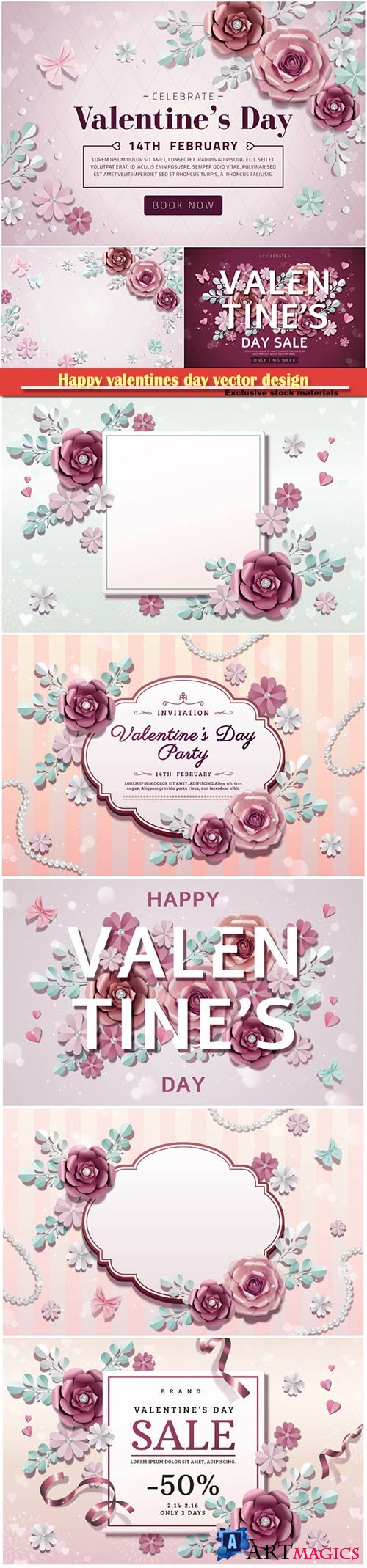 Happy valentines day vector design with heart, balloons, roses in 3d illustration # 6