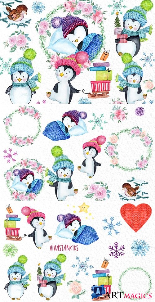 Cute Watercolour Penguins clipart - 3193458