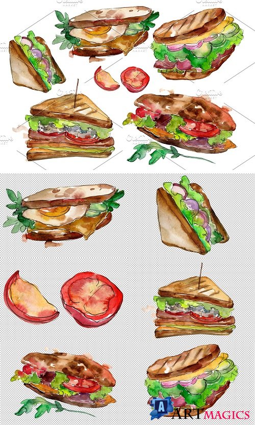Tasty sandwich PNG watercolor set - 3103975